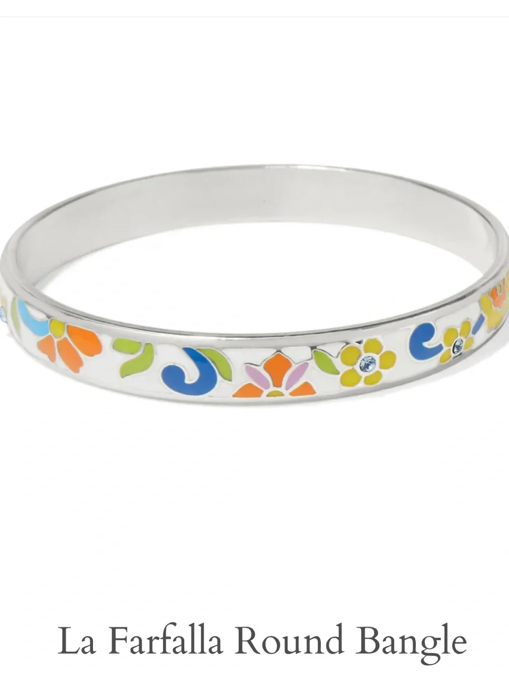 New Brighton Round Silver and Crystal Bangle - Multicolor Enamel Floral Bracelet